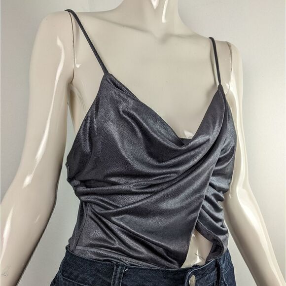Lush Body suit, metallic grey cowl neck, cut out front wrap tank top size medium - Picture 4 of 5